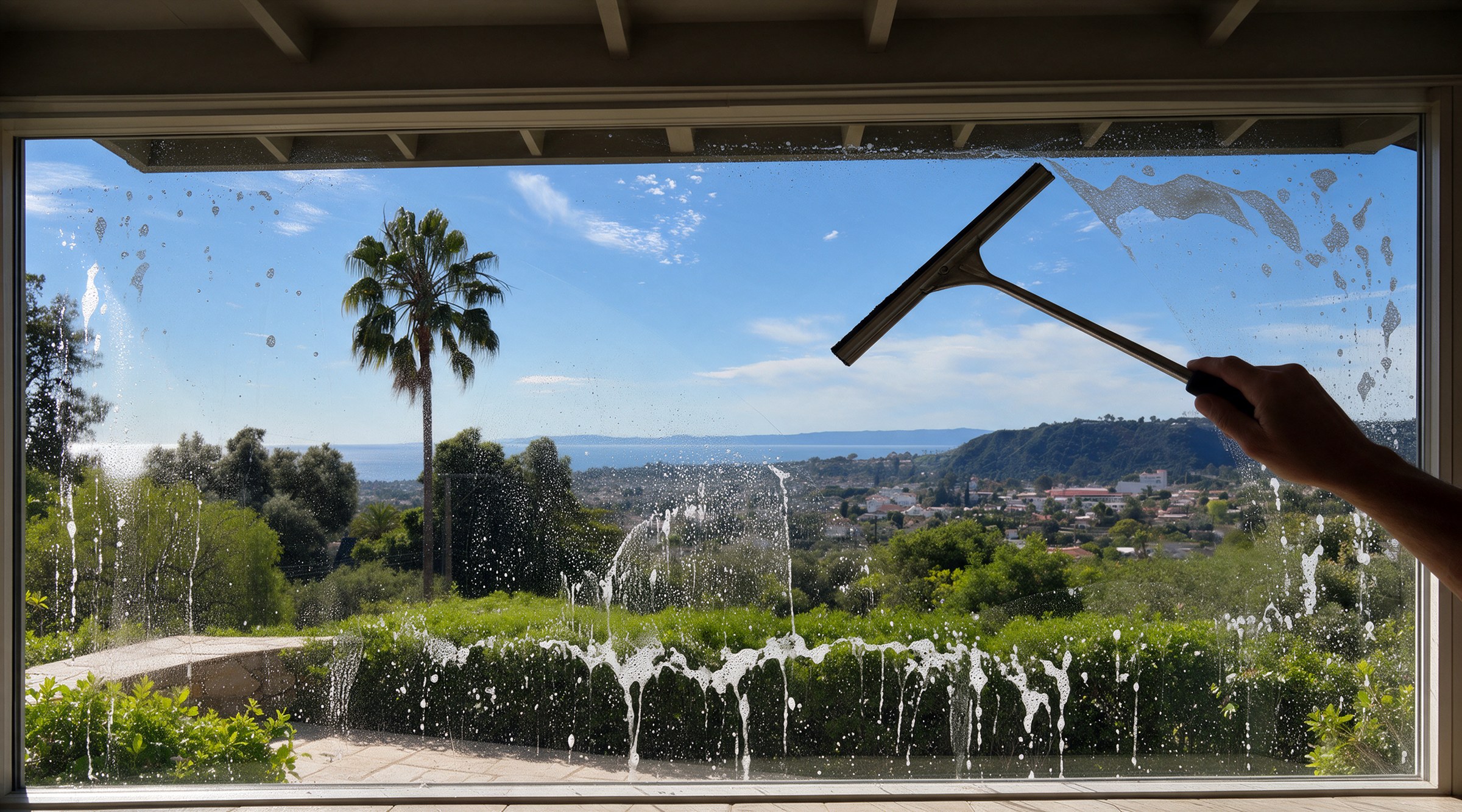 The same Santa Barbara picture window mid-clean, soapy water sheeting down the glass with the view still obscured.