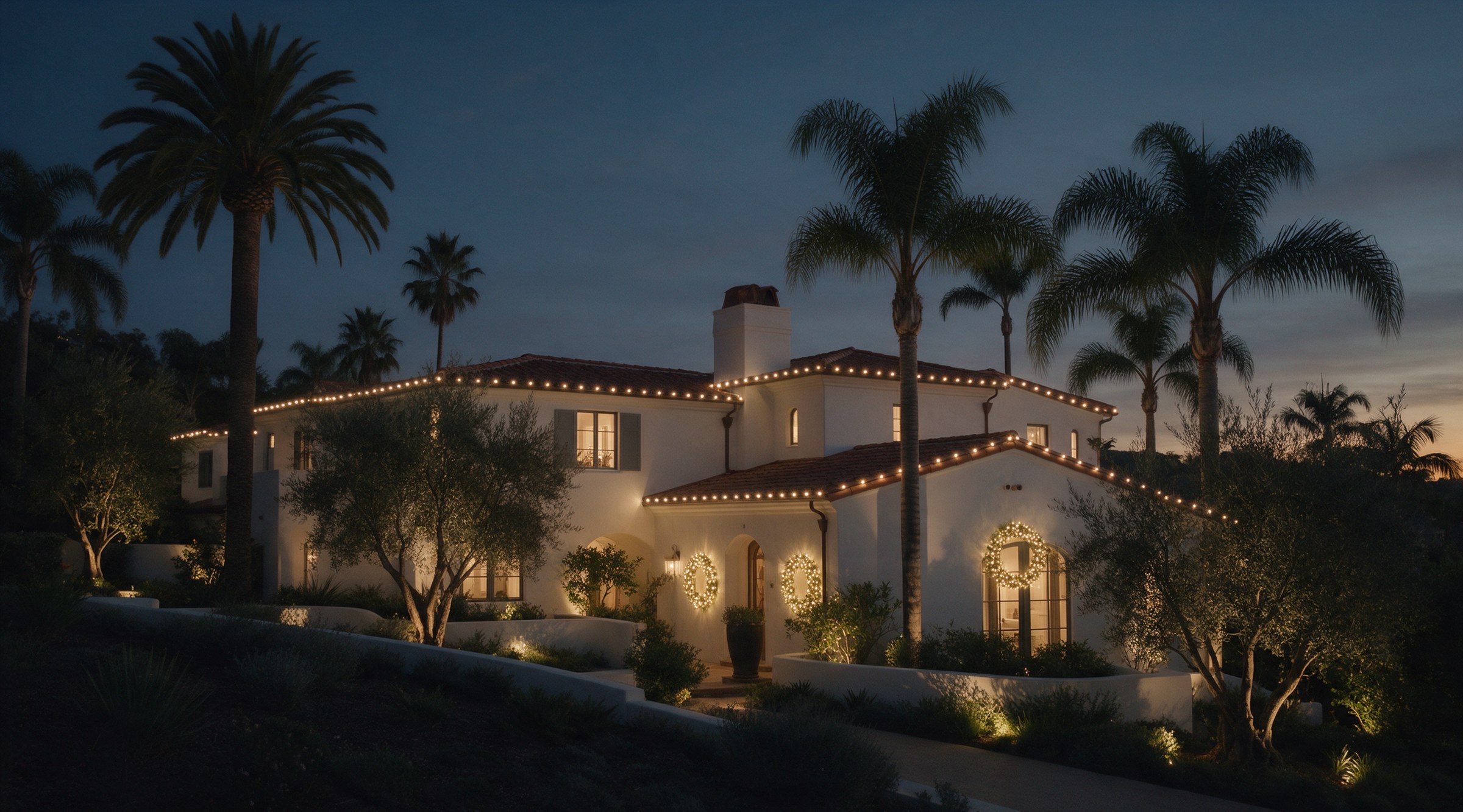 A Santa Barbara home at dusk with warm-white holiday lighting tracing the rooflines and lit wreaths at the entry.