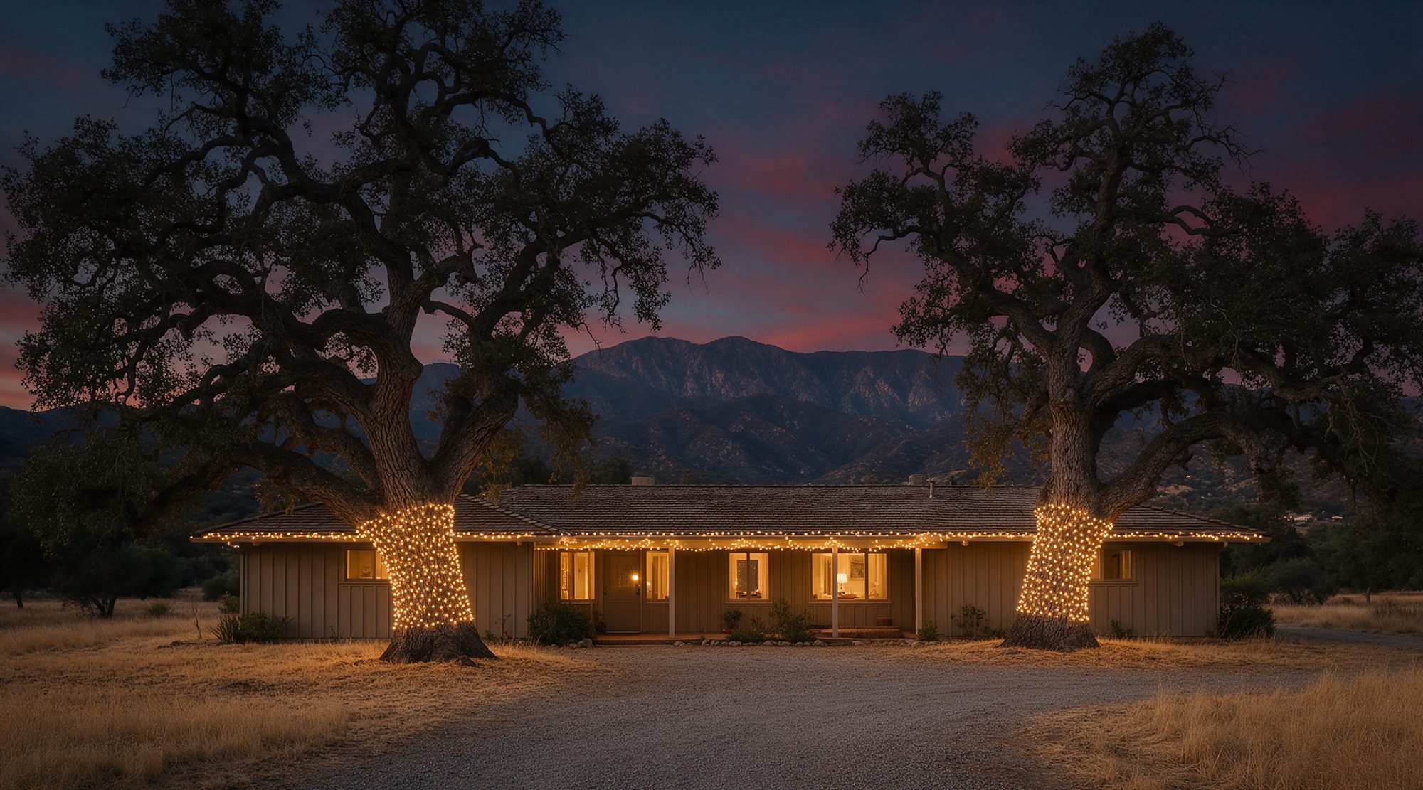 A California ranch house in the Ojai valley at dusk, holiday lights along the roofline and two enormous coast live oaks wrapped in warm light, with the mountain ridge behind.