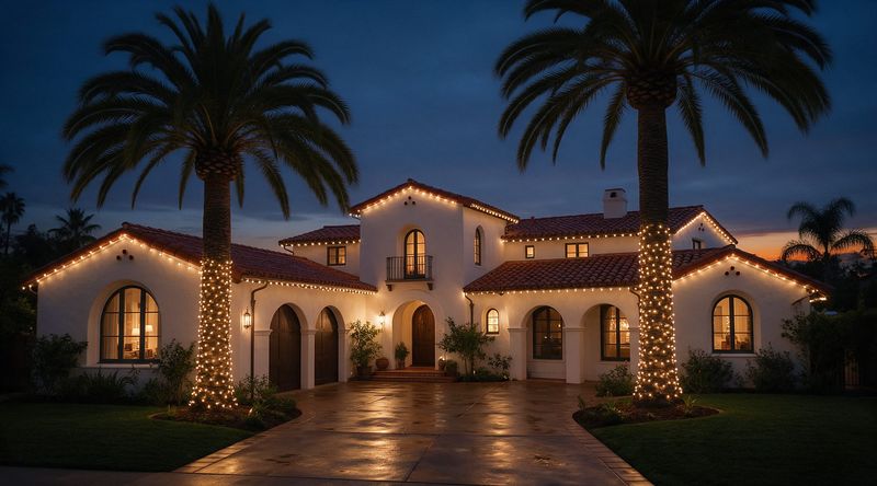 Warm-white lights along the clay tile roofline of a Spanish-style home at night.