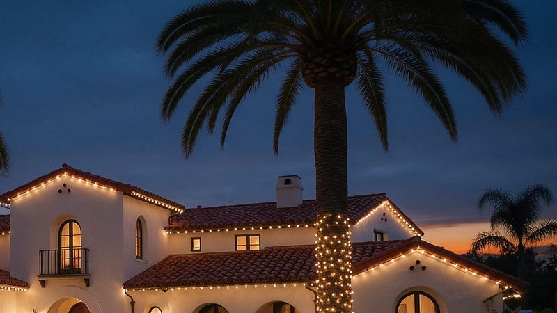Clean runs of holiday lights along the eaves and peaks of a coastal home.