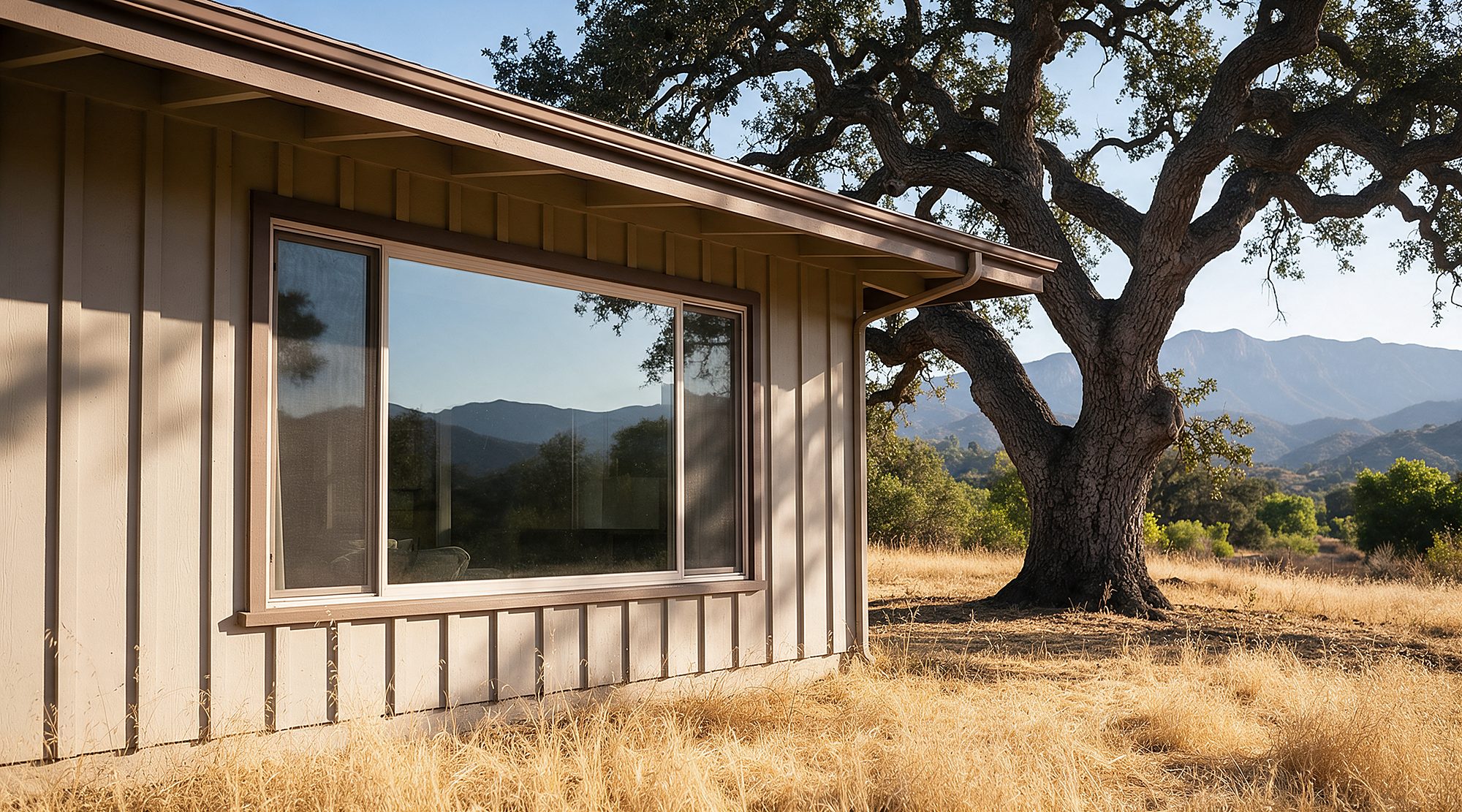 The wide picture window of a board-and-batten ranch house in the Ojai valley, its clean glass mirroring the oaks and the Topa Topa ridge, dry golden grass around it.