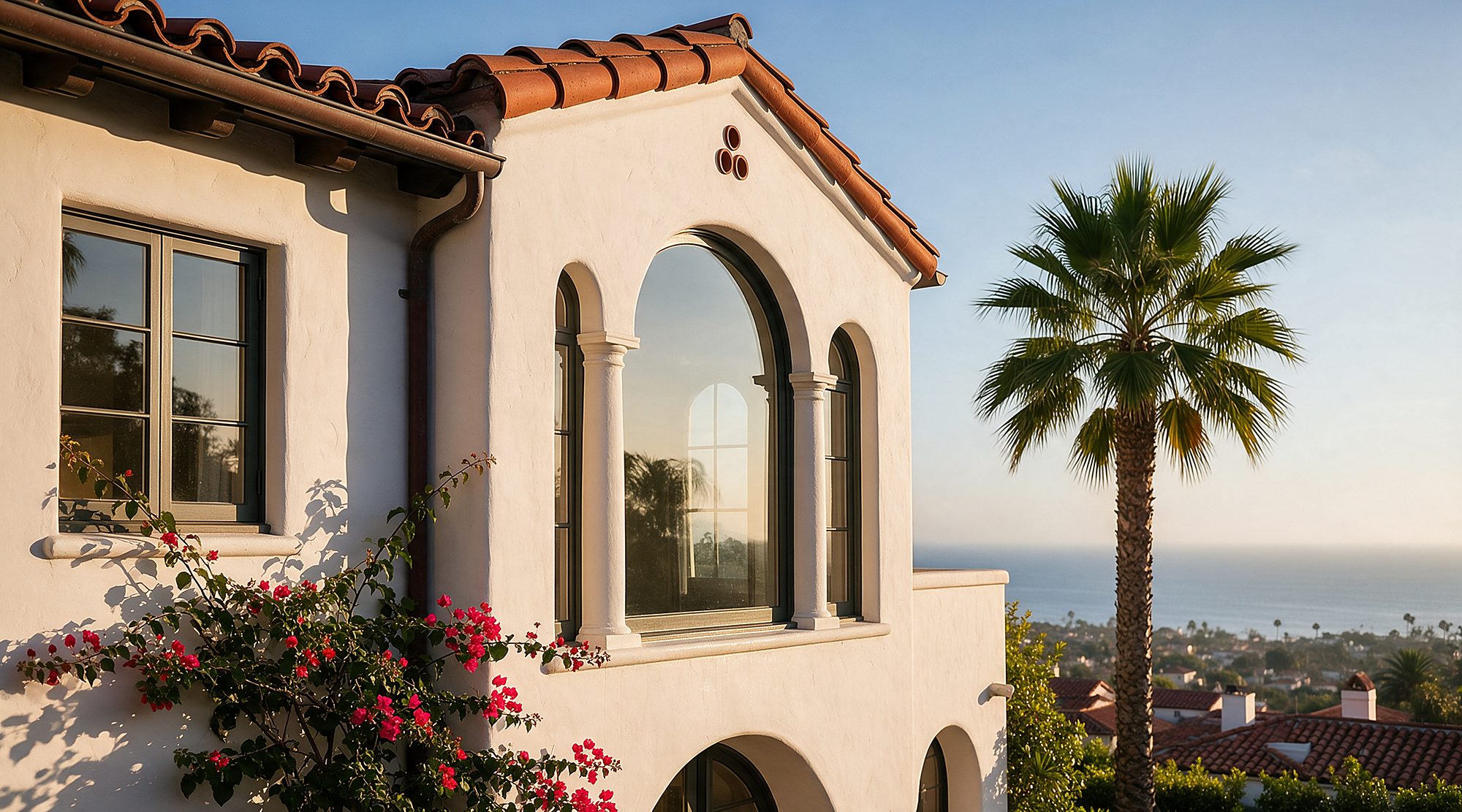 A tall arched second-story window with spotless glass on a white stucco, red-tile-roofed Spanish colonial home on the Santa Barbara Riviera, bougainvillea below and the Pacific in the distance.