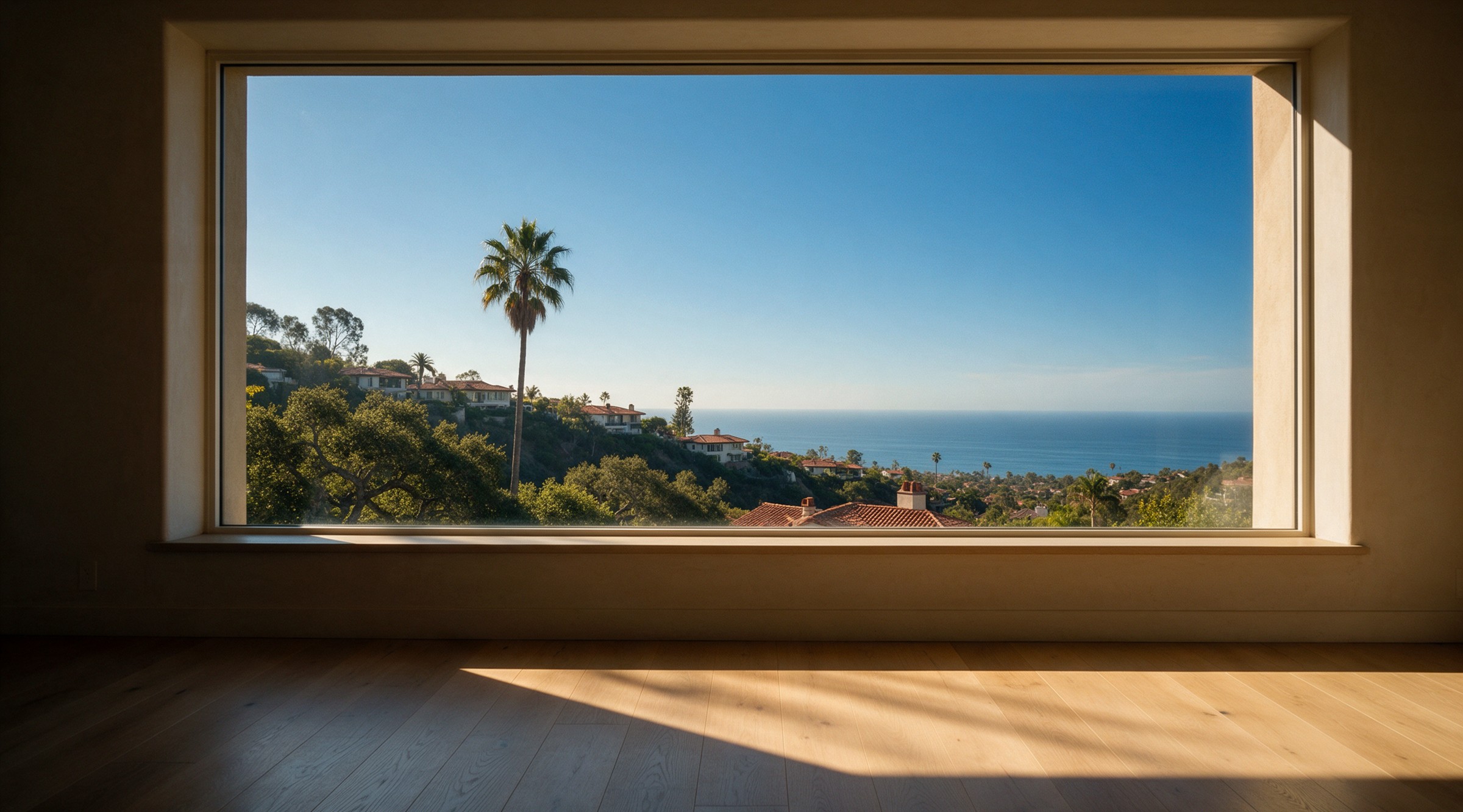 Warm morning light pouring through a spotless picture window onto an oak floor, with a palm, red-tile roofs and the Pacific beyond, at a Santa Barbara home.
