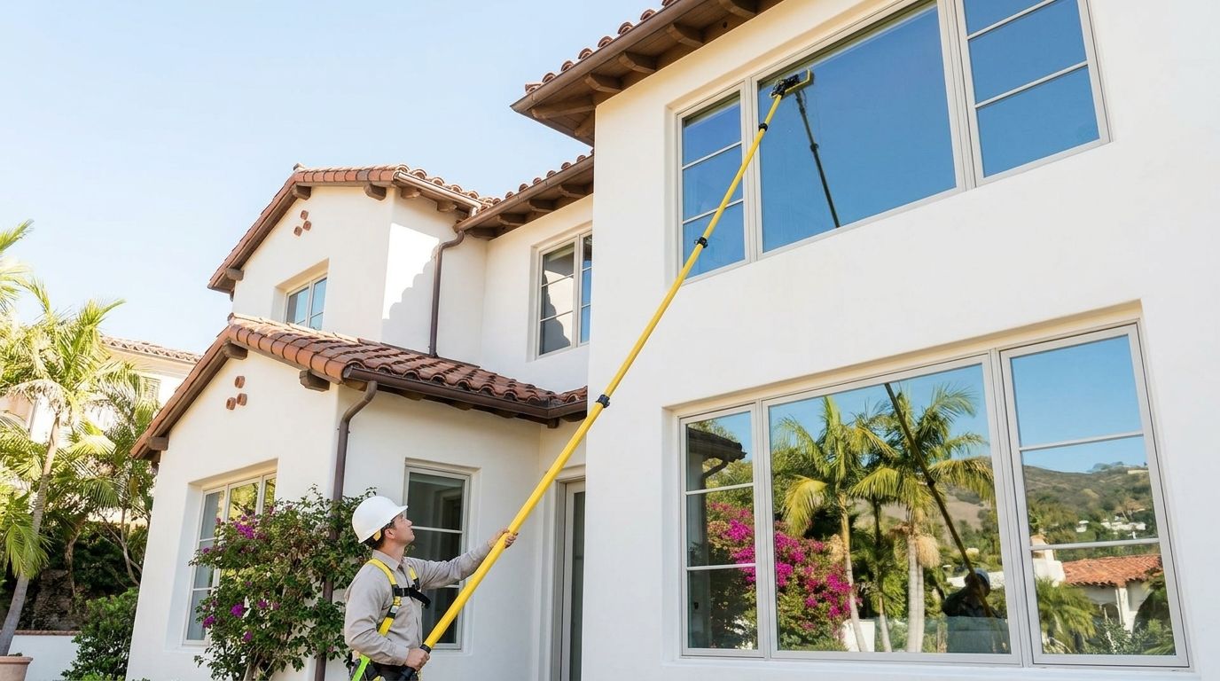 Can water-fed poles clean upstairs windows safely?